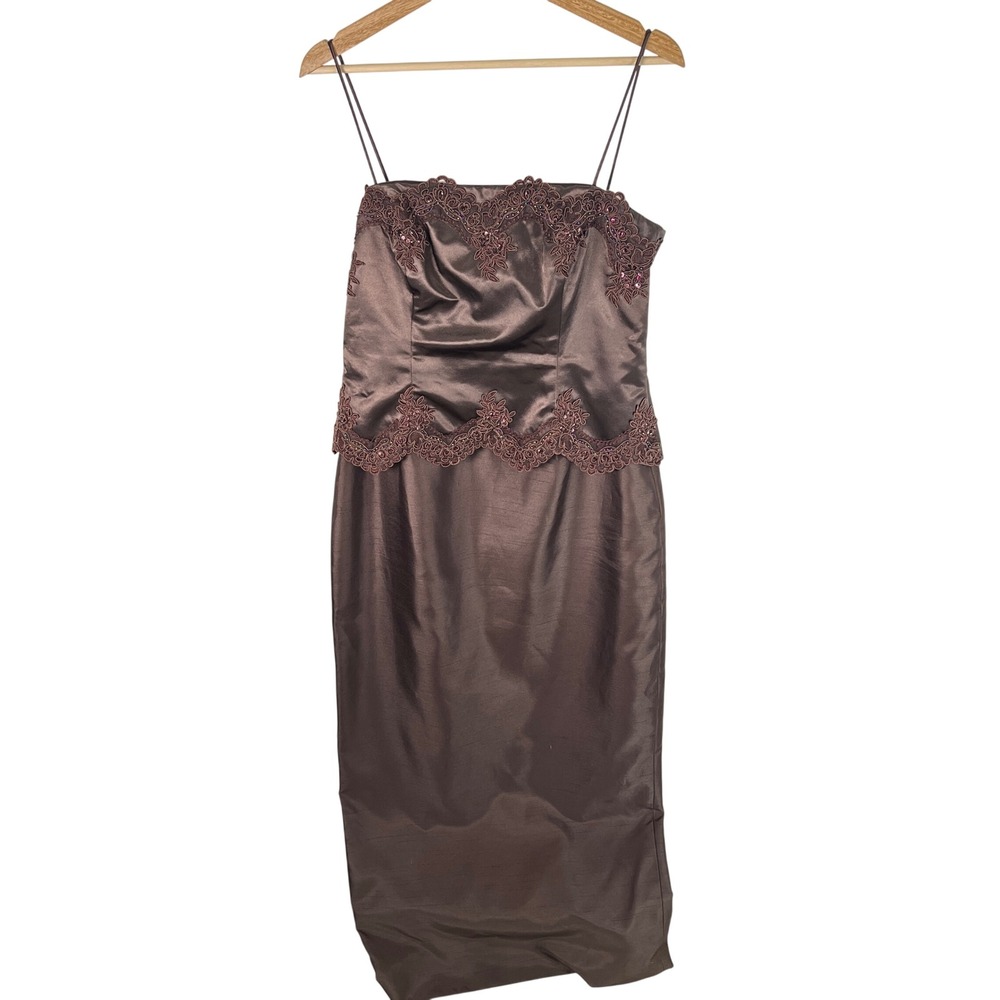 Cachet Vintage Chocolate Brown Satin Lace Sequin Formal Dress Size 12 Wedding